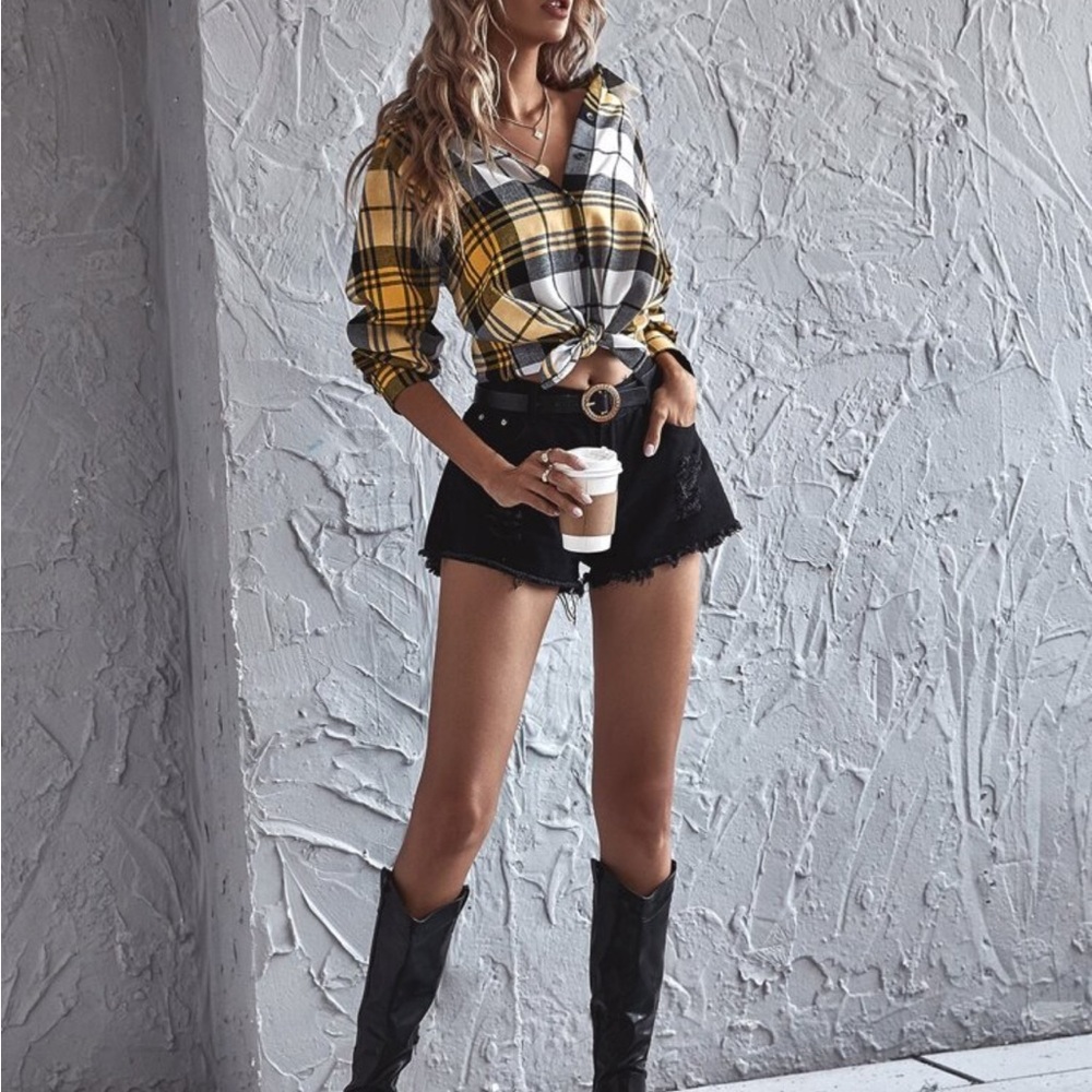 Elegant Plaid Check Button Up Boyfriend Shirt Top Blouse - Picture 3 of 17